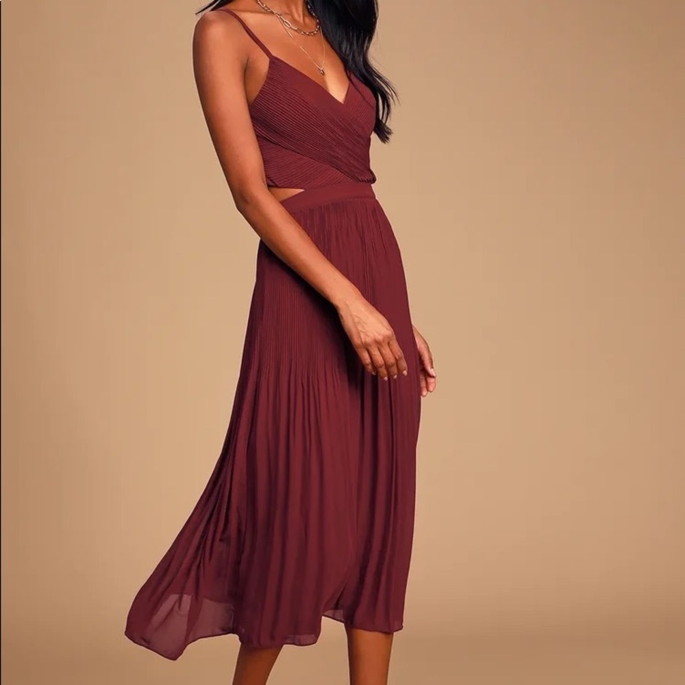 Ali and Jay For the Gram Burgundy Pleated Cutout Midi Dress